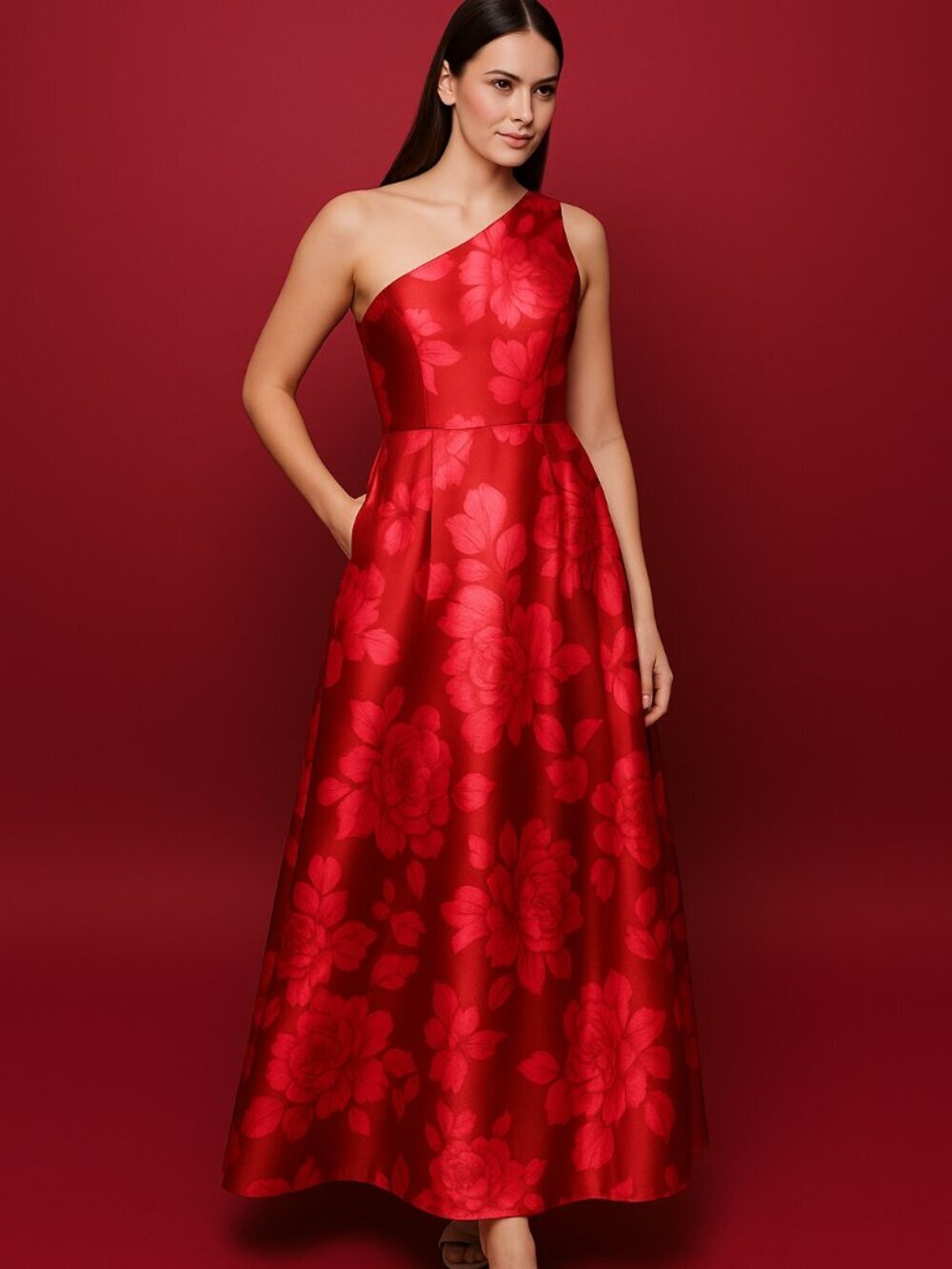 Hutch One-Shoulder Red Floral Maxi Dress